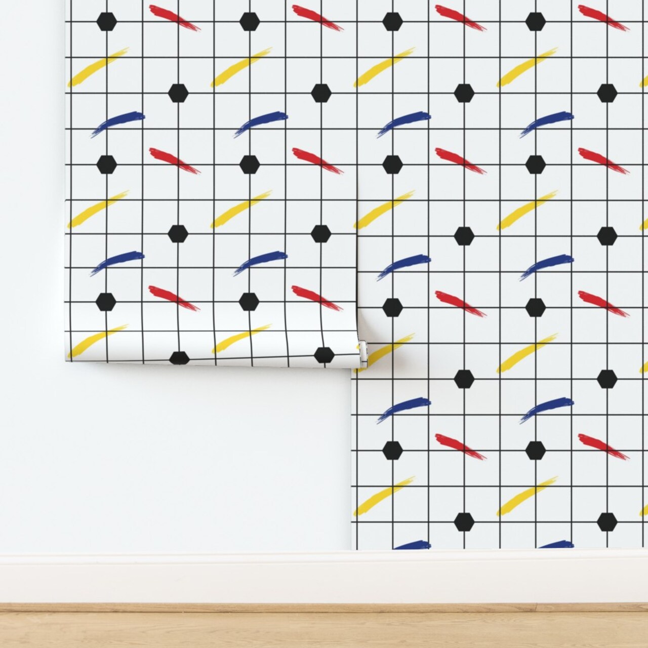 Grid Primary Geometric Brushstrokes Postmodern Memphis Milano 80S 90S Abstract Ettore Sottsass Shapes Custom Pre-pasted Wallpaper by Spoonflower Pre-Pasted Wallpaper 2FT Wide